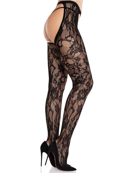 Leg Avenue Collant aperto in pizzo nero decorato con dettagli floreali