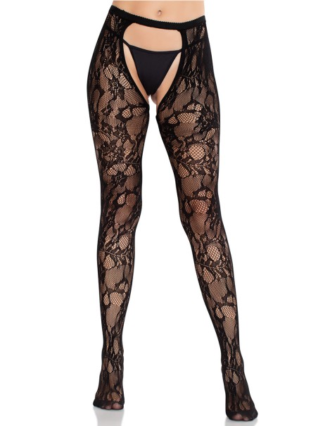 Leg Avenue Collant aperto in pizzo nero decorato con dettagli floreali