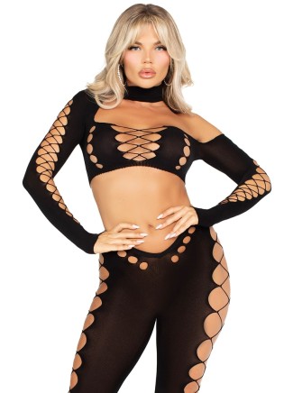 Leggings con inserti a rete larga e crop top Leg Avenue