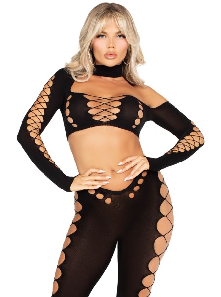 Leggings con inserti a rete larga e crop top Leg Avenue