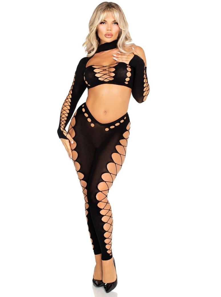 Leggings con inserti a rete larga e crop top Leg Avenue