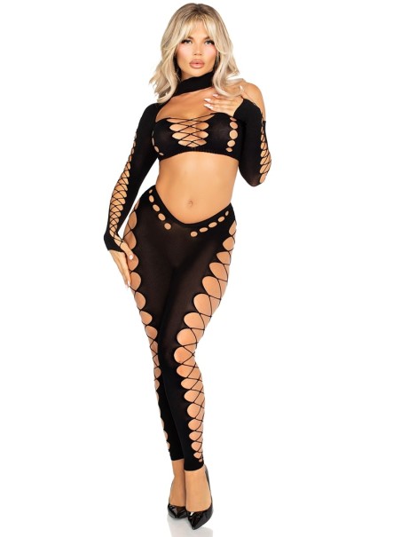 Leggings con inserti a rete larga e crop top Leg Avenue