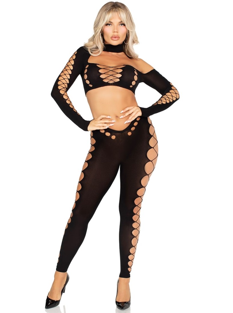 Leggings con inserti a rete larga e crop top Leg Avenue