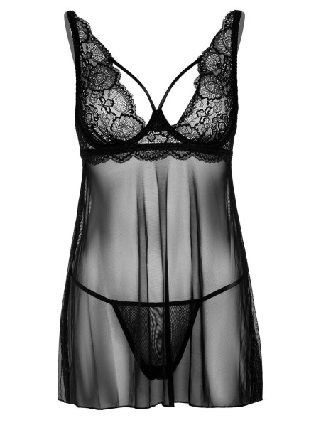 Babydoll nero con dettagli in pizzo e Perizoma coordinato