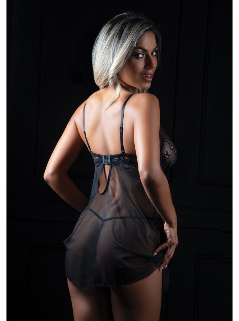 Babydoll nero con dettagli in pizzo e Perizoma coordinato
