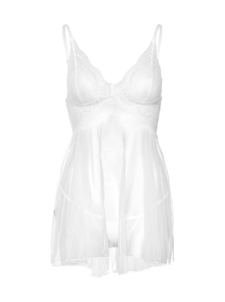 Babydoll bianco in tulle con spacco e perizoma