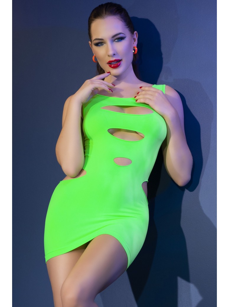 accattivante abitino verde neon smanicato con sexy tagli