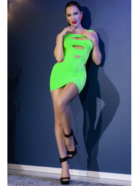 accattivante abitino verde neon smanicato con sexy tagli