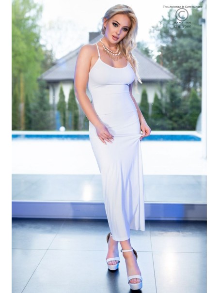 seducente abito lungo bianco con perizoma coordinato