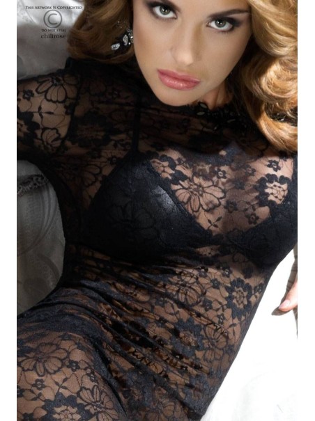 sexy abito lungo in pizzo nero completo di reggiseno e mutandine wetlook