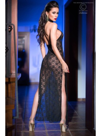 sensuale abito lungo in pizzo nero con doppio spacco laterale e perizoma incluso 2