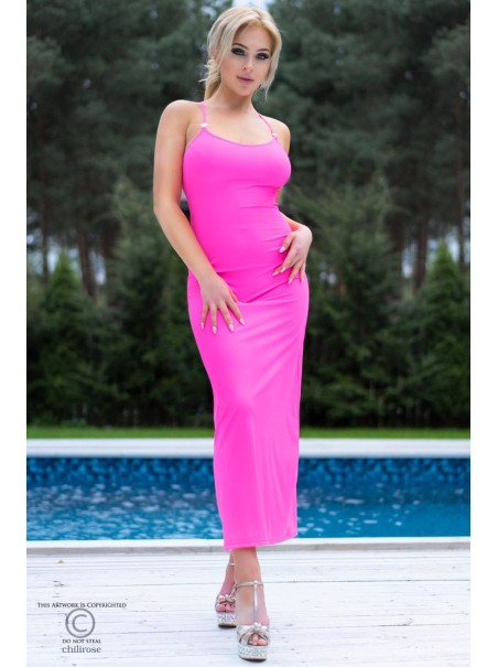 seducente abito lungo rosa acceso con perizoma coordinato