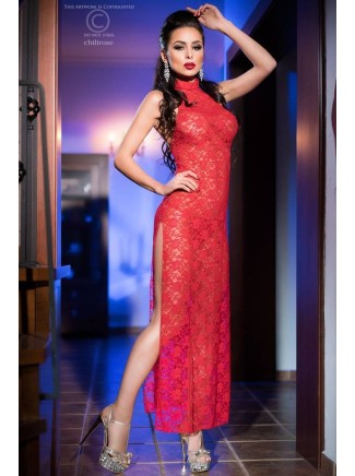 sensuale abito lungo in pizzo rosso con doppio spacco laterale e perizoma incluso