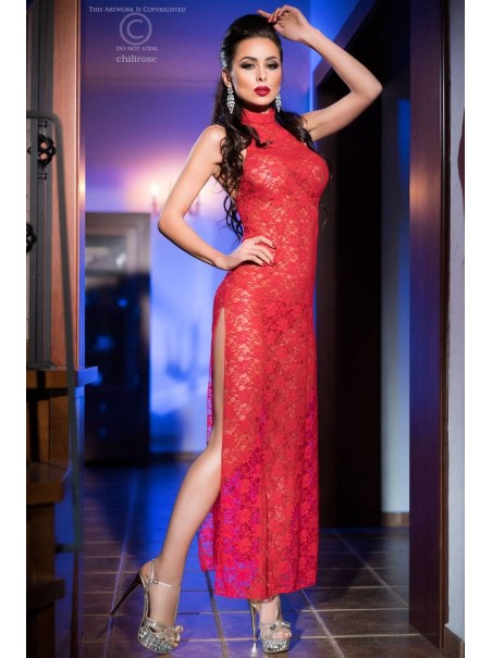 sensuale abito lungo in pizzo rosso con doppio spacco laterale e perizoma incluso