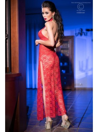 sensuale abito lungo in pizzo rosso con doppio spacco laterale e perizoma incluso 2