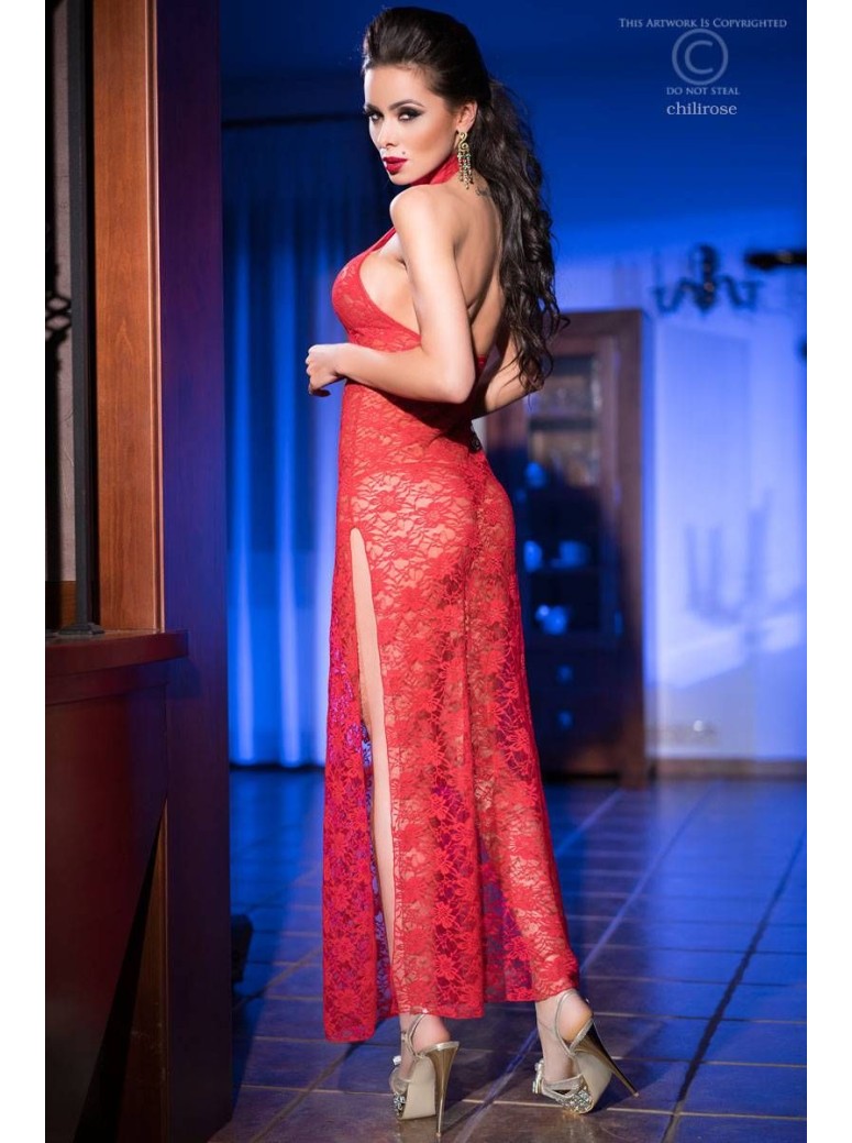 sensuale abito lungo in pizzo rosso con doppio spacco laterale e perizoma incluso