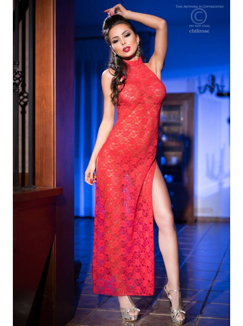 sensuale abito lungo in pizzo rosso con doppio spacco laterale e perizoma incluso