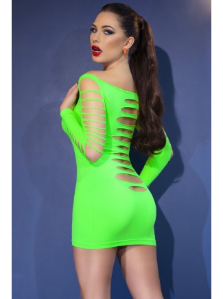 sexy abitino verde fluo a maniche lunghe con tagli 2