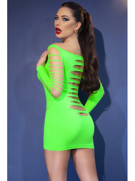 sexy abitino verde fluo a maniche lunghe con tagli