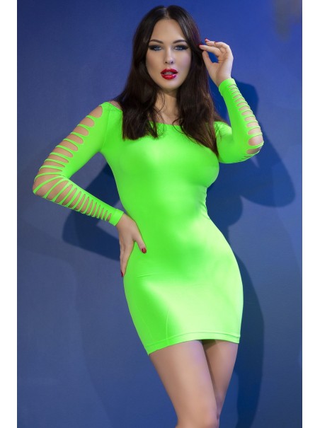 sexy abitino verde fluo a maniche lunghe con tagli