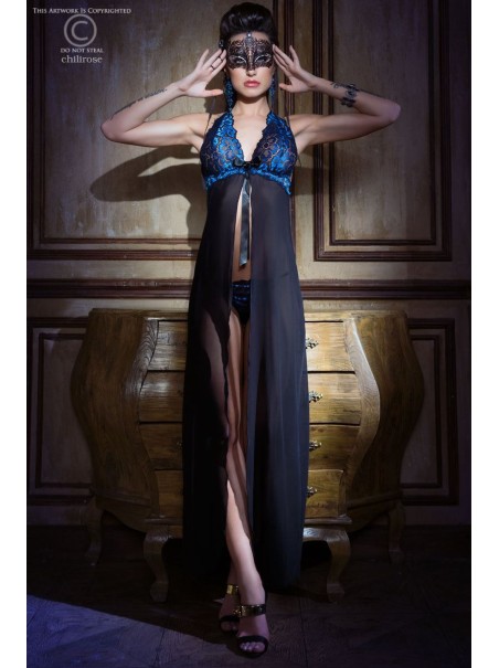 sensuale chemise lunga in tulle nero e ricami in pizzo blu con perizoma sensuale chemise lunga in tulle nero e ricami in pizzo blu con perizoma