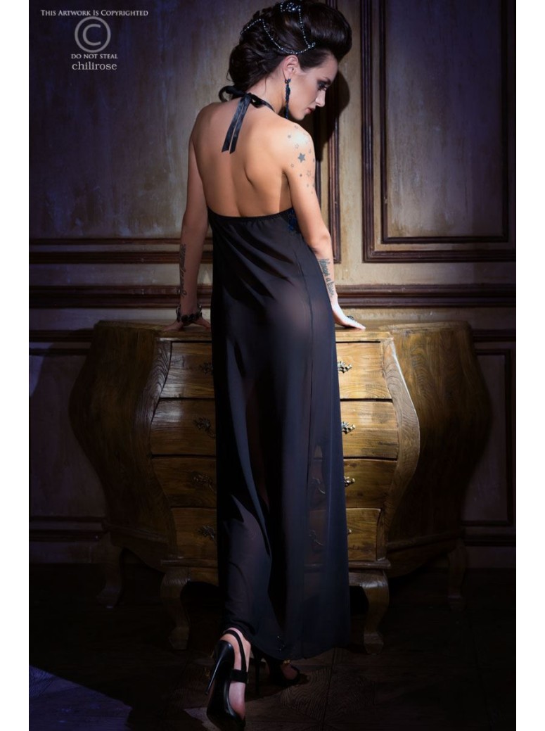 sensuale chemise lunga in tulle nero e ricami in pizzo blu con perizoma