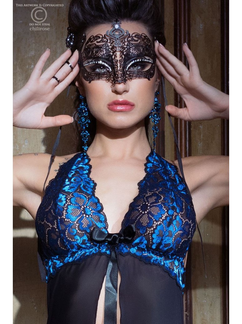 sensuale chemise lunga in tulle nero e ricami in pizzo blu con perizoma