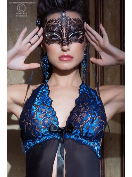 sensuale chemise lunga in tulle nero e ricami in pizzo blu con perizoma sensuale chemise lunga in tulle nero e ricami in pizzo blu con perizoma