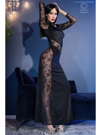 sensuale abito lungo con inserti in pizzo trasparente e perizoma incluso