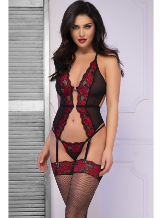 seducente corsetto con perizoma e calze in tulle decorato da pizzo floreale rosso