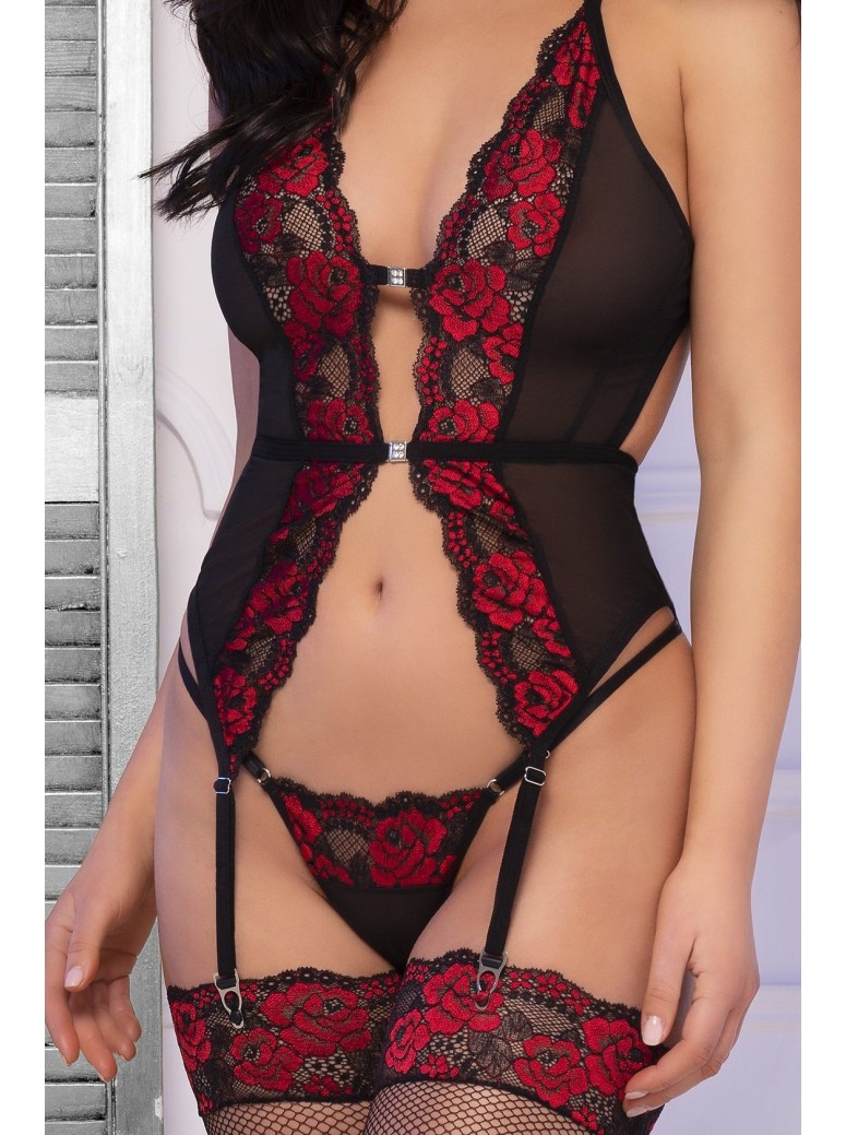 seducente corsetto con perizoma e calze in tulle decorato da pizzo floreale rosso