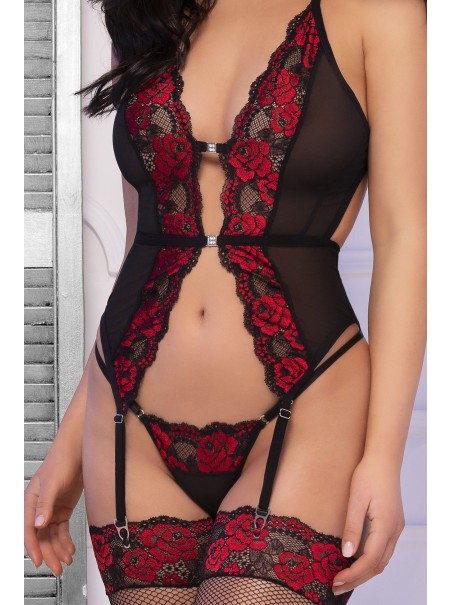 seducente corsetto con perizoma e calze in tulle decorato da pizzo floreale rosso seducente corsetto con perizoma e calze in tulle decorato da pizzo floreale rosso