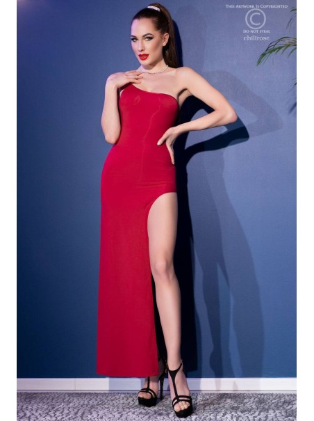 seducente abito rosso lungo con ammiccante spacco laterale