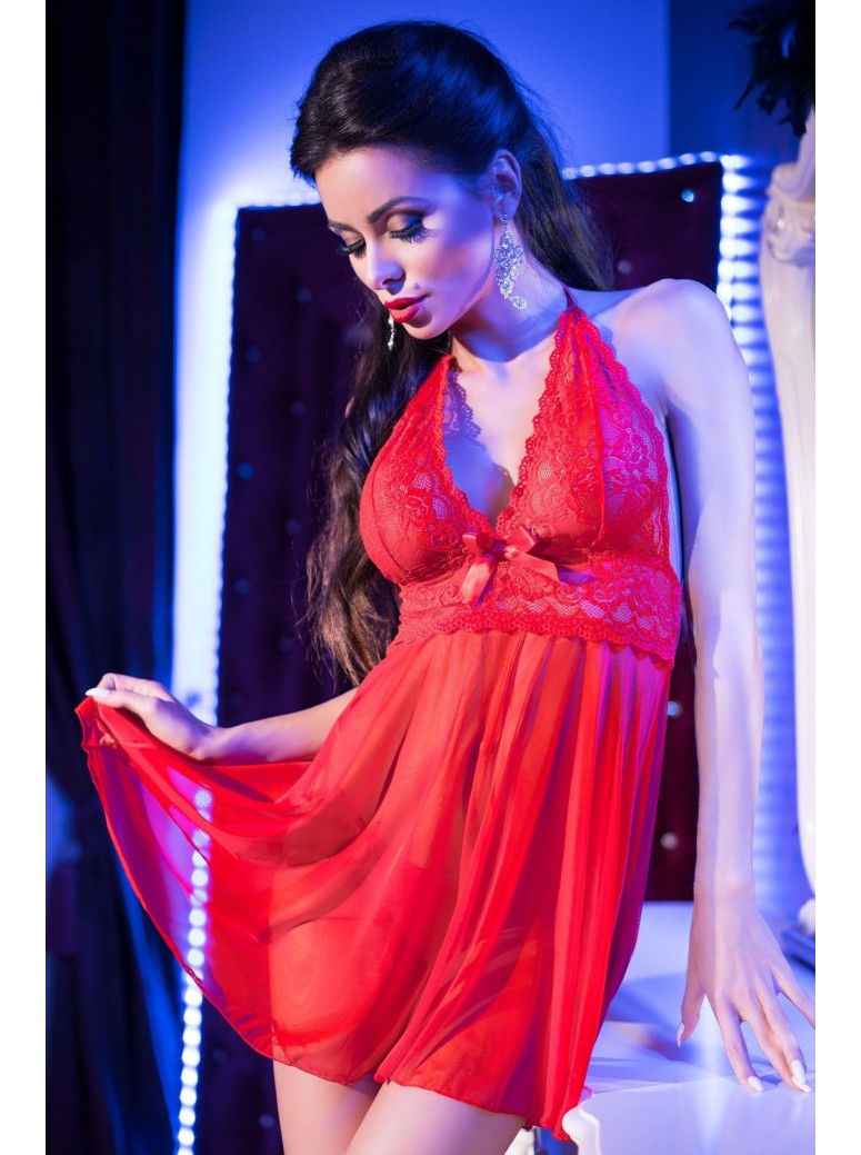 sensuale babydoll in pizzo e tulle rosso con schiena nuda e perizoma incluso