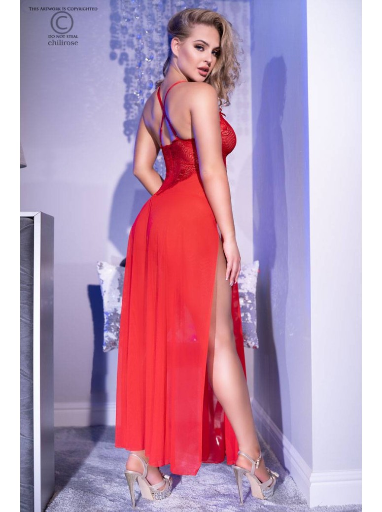 provocante vestaglia rossa con lunghi spacchi laterali e perizoma aperto coordinato