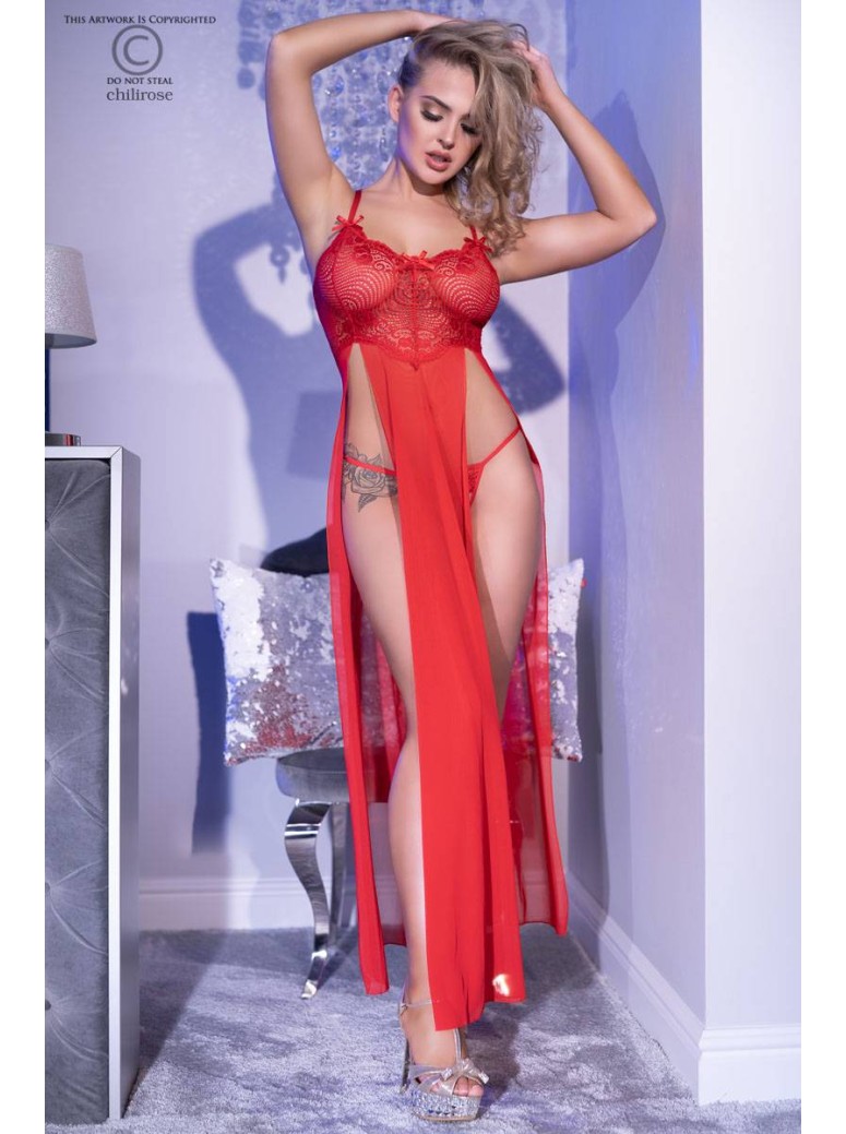 provocante vestaglia rossa con lunghi spacchi laterali e perizoma aperto coordinato