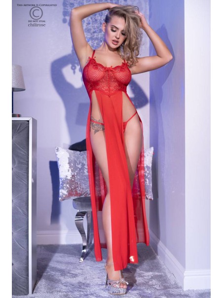 provocante vestaglia rossa con lunghi spacchi laterali e perizoma aperto coordinato
