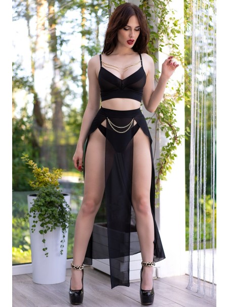 sensuale set 3 pezzi in tulle nero con gonna decorata da catenine dorate