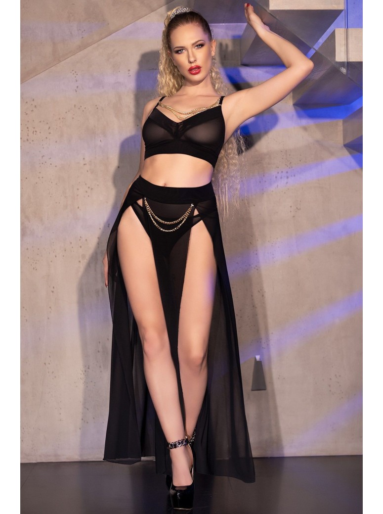 sensuale set 3 pezzi in tulle nero con gonna decorata da catenine dorate