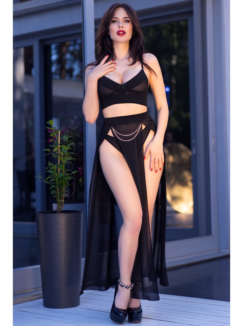 sensuale set 3 pezzi in tulle nero con gonna decorata da catenine dorate