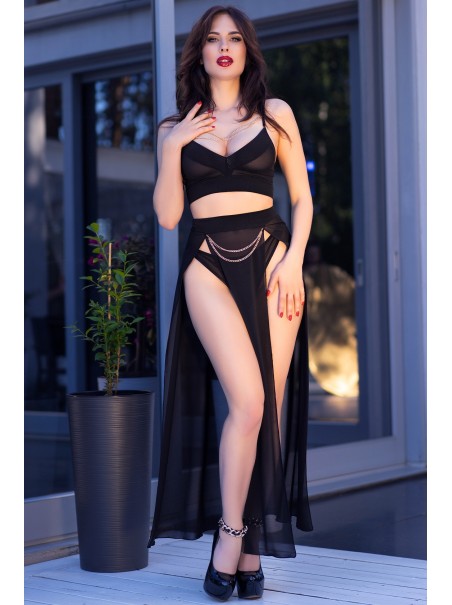 sensuale set 3 pezzi in tulle nero con gonna decorata da catenine dorate