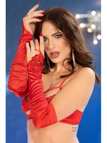 sexy guanti con dita libere in raso rosso decorati da perline e paillettes