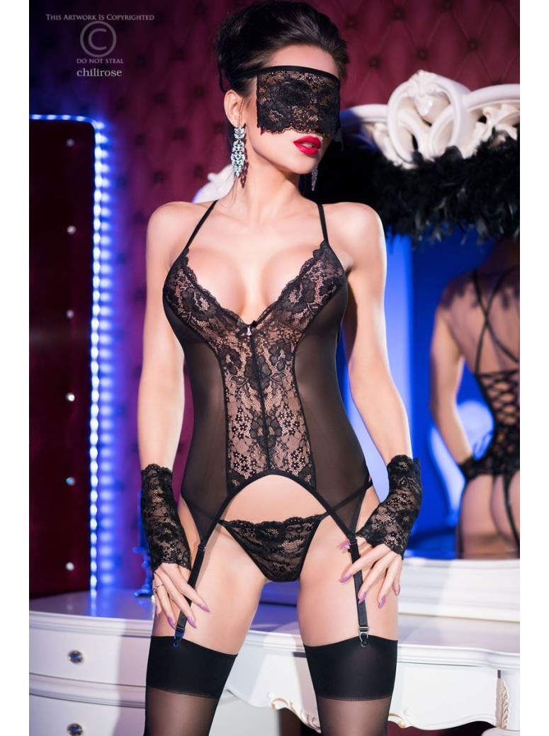 sensuale guepiere e perizoma in tulle e pizzo con guanti e mascherina coordinati