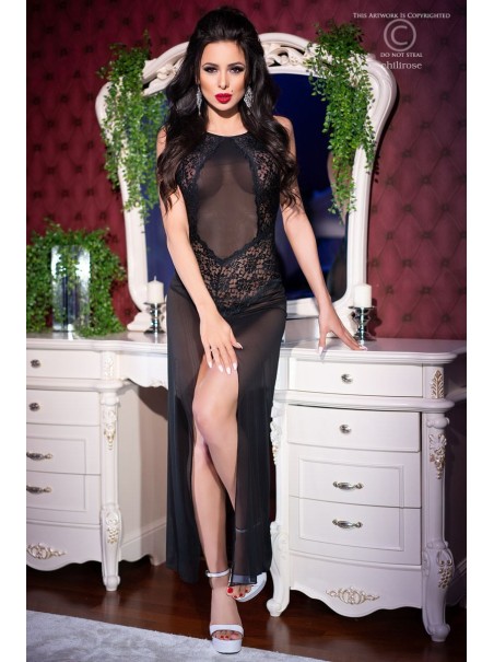 sensuale chemise lunga in tulle trasparente con inserti in pizzo nero e spacco centrale sensuale chemise lunga in tulle trasparente con inserti in pizzo nero e spacco centrale