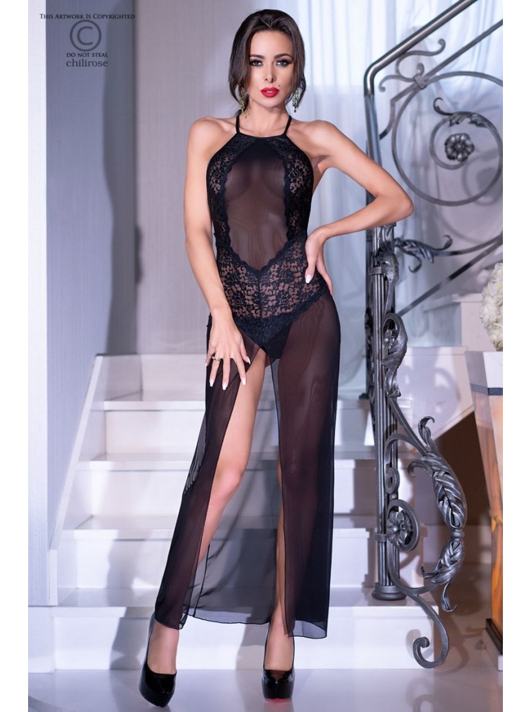 sensuale chemise lunga in tulle trasparente con inserti in pizzo nero e spacco centrale