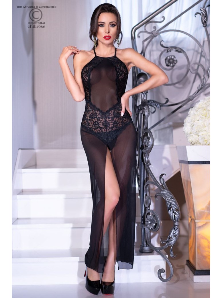 sensuale chemise lunga in tulle trasparente con inserti in pizzo nero e spacco centrale