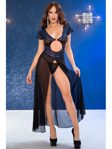 sensuale chemise lunga con spacco reversibile in tulle nero e pizzo blu