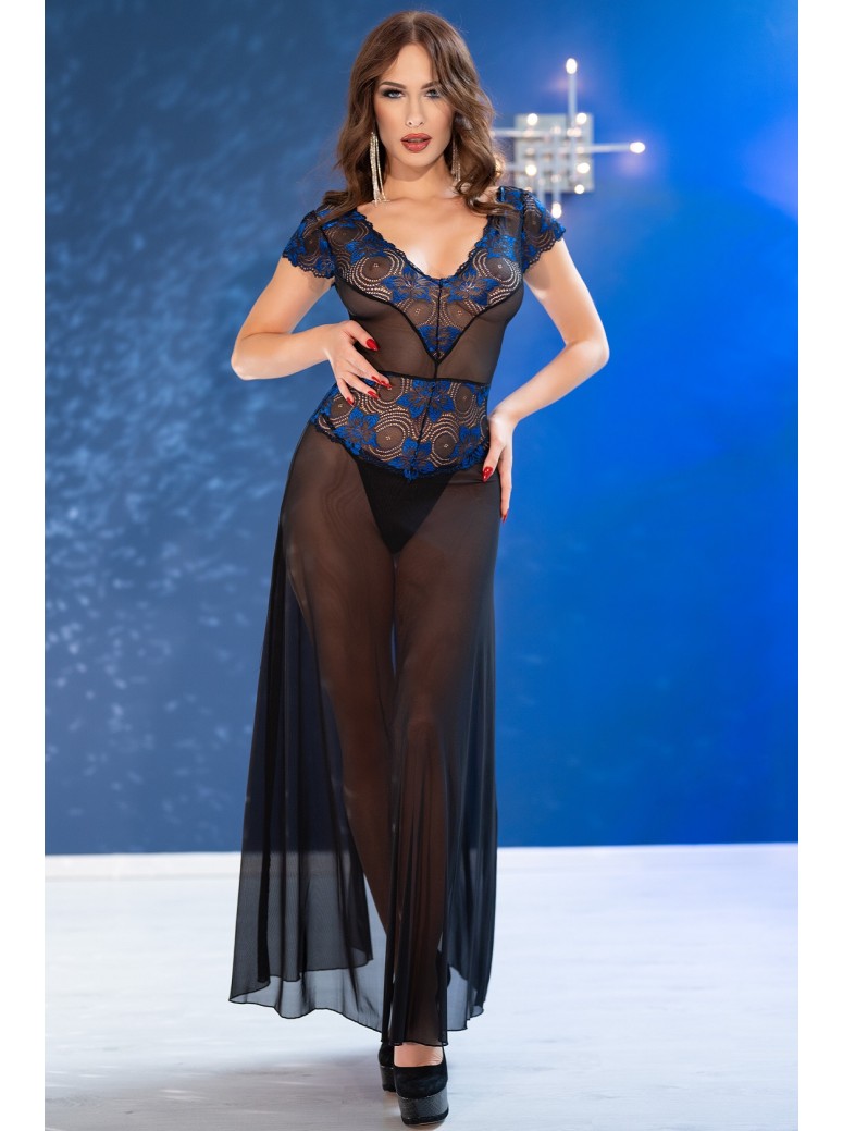 sensuale chemise lunga con spacco reversibile in tulle nero e pizzo blu