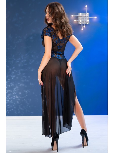sensuale chemise lunga con spacco reversibile in tulle nero e pizzo blu
