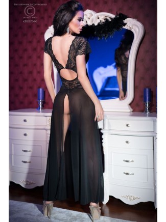 sensuale babydoll lungo in tulle e pizzo nero con spacco posteriore e perizoma incluso